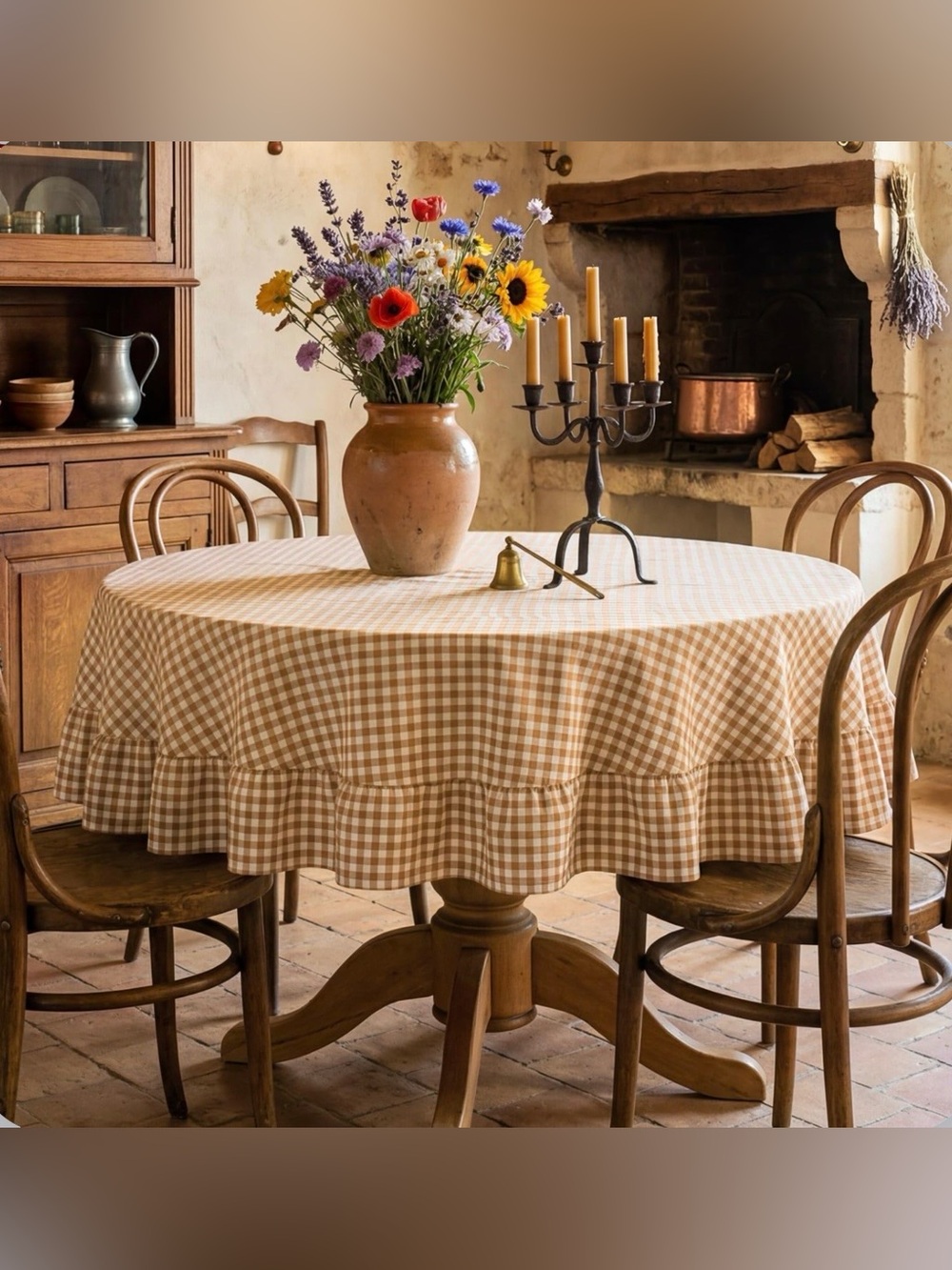 Gingham Ruffle Tablecloth 70” Round - BROWN